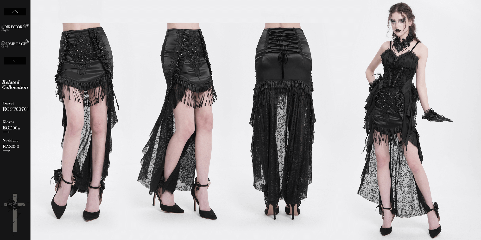 Gothic lace-up black skirt featuring fringe, floral embroidery, and bead details, perfect for a dramatic stylish look.