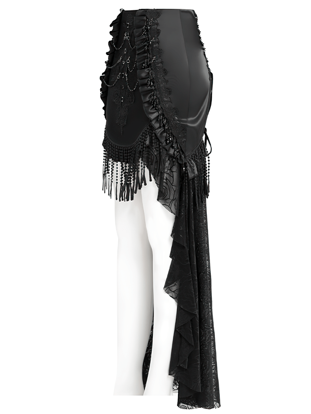 Gothic lace-up black skirt with fringe and floral embroidery, showcasing dramatic details and edgy style.
