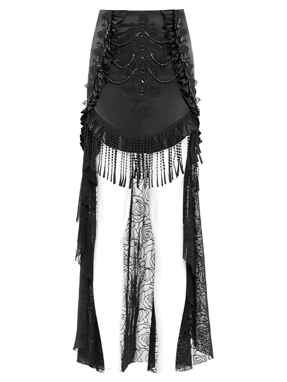 Gothic lace-up black skirt with floral embroidery, fringe accents, and bead embellishments, perfect for punk and romantic styles.