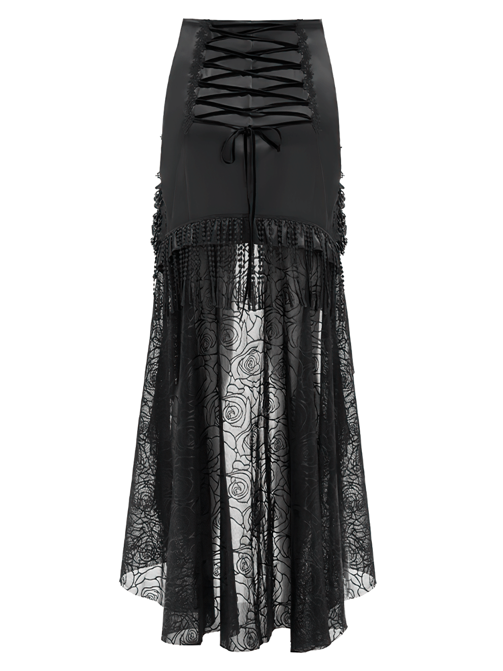 Gothic black skirt with lace-up front, floral embroidery, fringe accents, and bead details for a dramatic look.