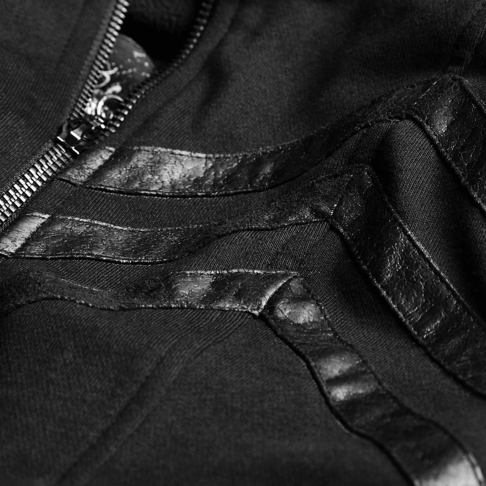 Close-up of gothic coat's faux leather buckles and zippered detail, showcasing punk-inspired design elements.