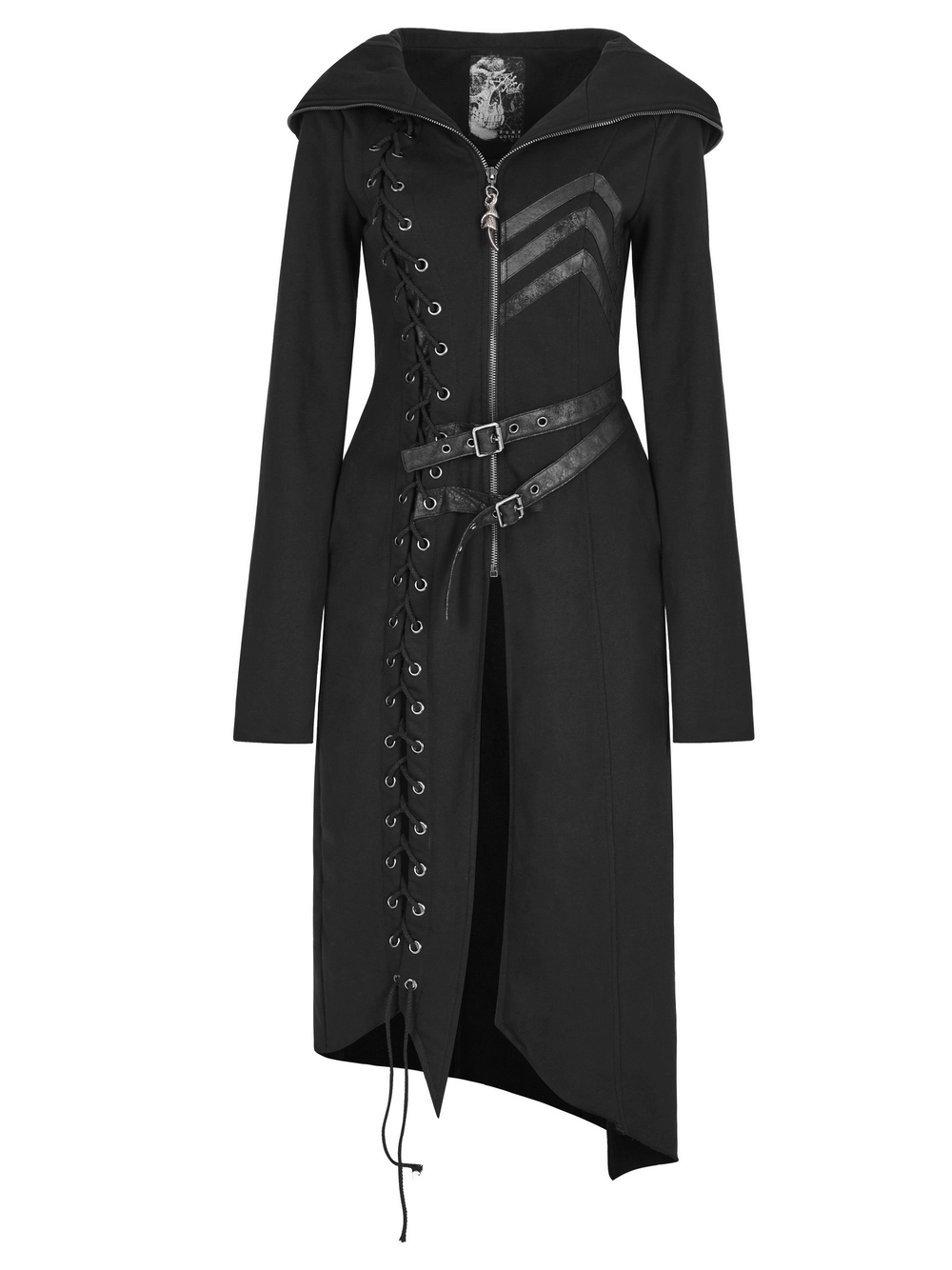 Gothic lace-up long coat with hood, buckles, and asymmetrical hem for a bold punk style.