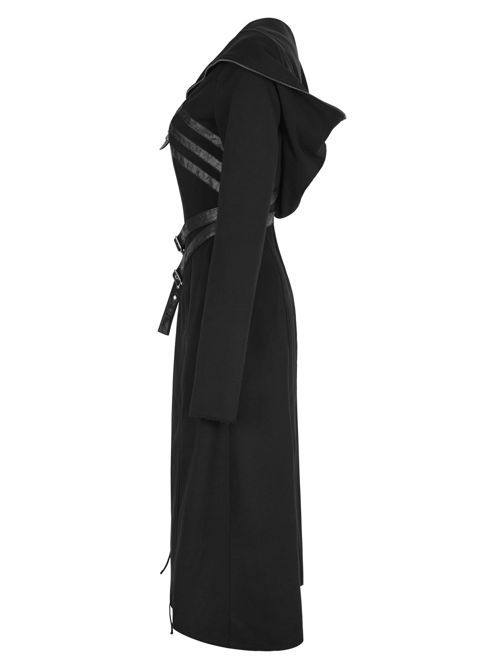 Gothic lace-up long coat with hood and faux leather buckles, featuring asymmetrical hem and dramatic sleeve holes.