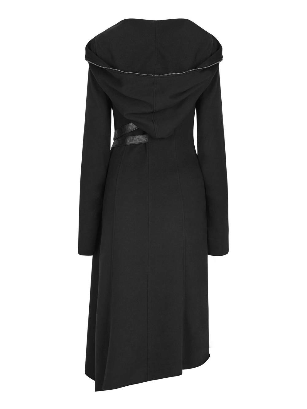 Gothic black lace-up long coat with hood, asymmetrical hem, and faux leather buckles, perfect for punk fashion lovers.