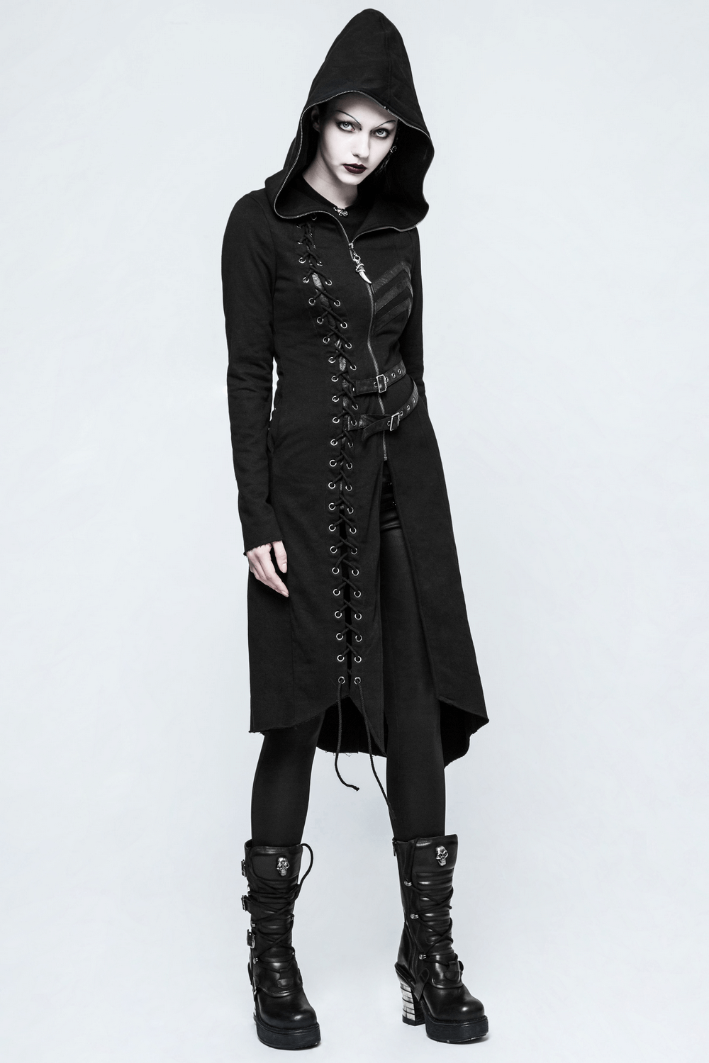 Gothic lace-up long coat with hood, asymmetrical hem, and faux leather buckles for punk fashion.