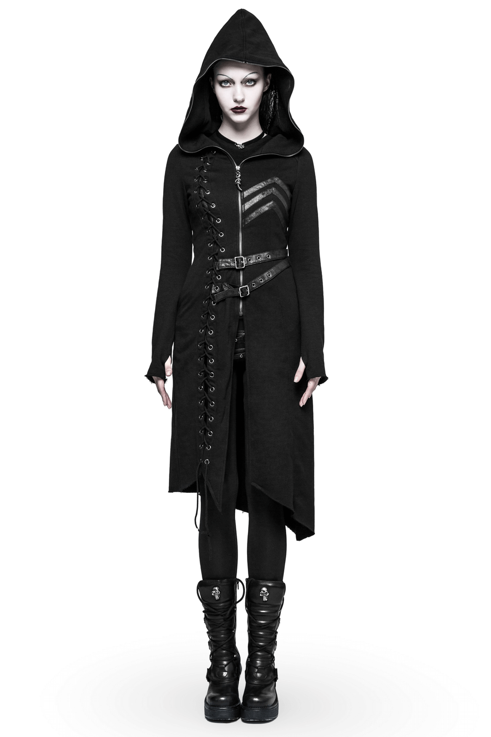 Gothic lace-up long coat with hood, buckles, and asymmetrical hem, perfect for punk style.