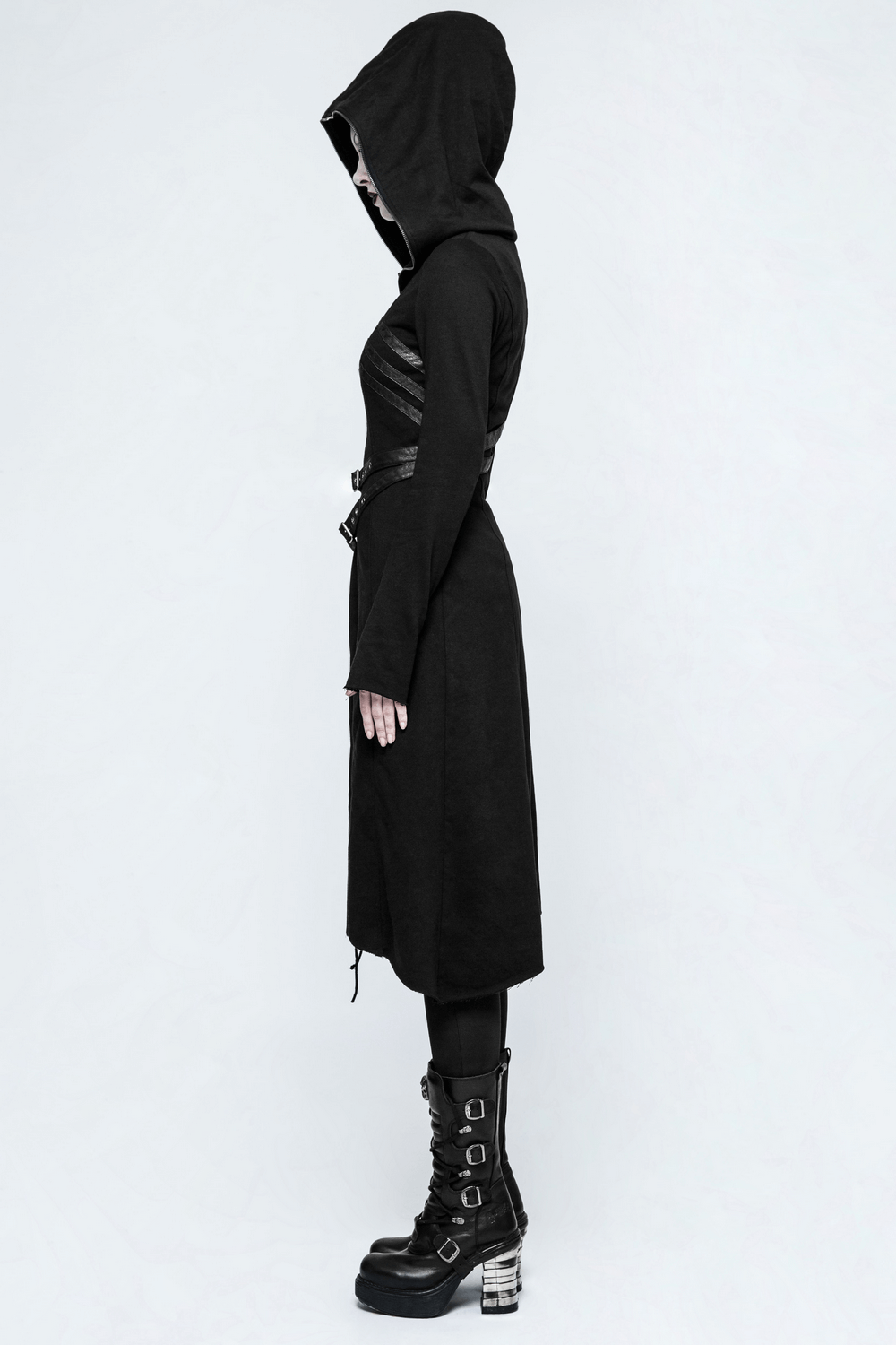 Side view of a gothic lace-up long coat with hood, featuring asymmetrical hem and faux leather accents.