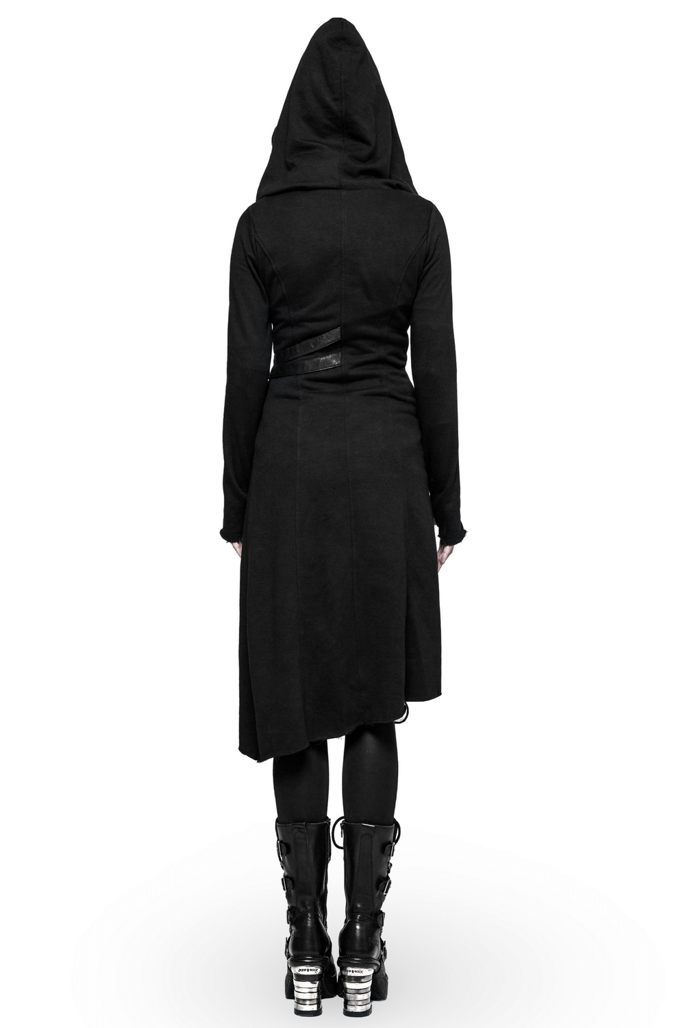 Back view of a gothic lace-up long coat with hood and asymmetrical hem, paired with stylish black boots.