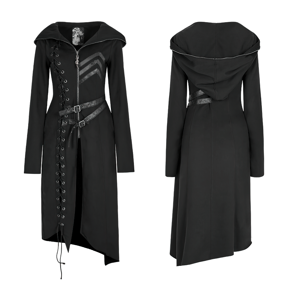 Gothic lace-up long coat with hood, buckles, and asymmetric hem for women, perfect for an edgy look.