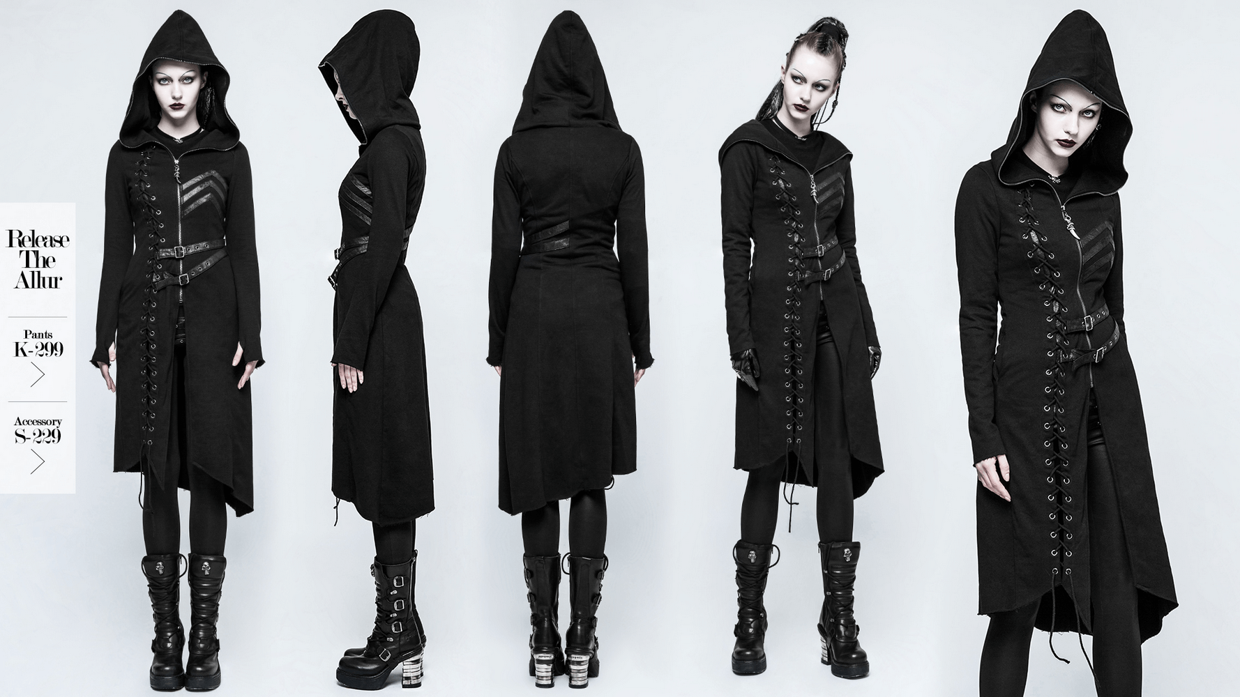 Gothic lace-up long coat with hood and buckles, featuring asymmetrical hem and dramatic detailing.