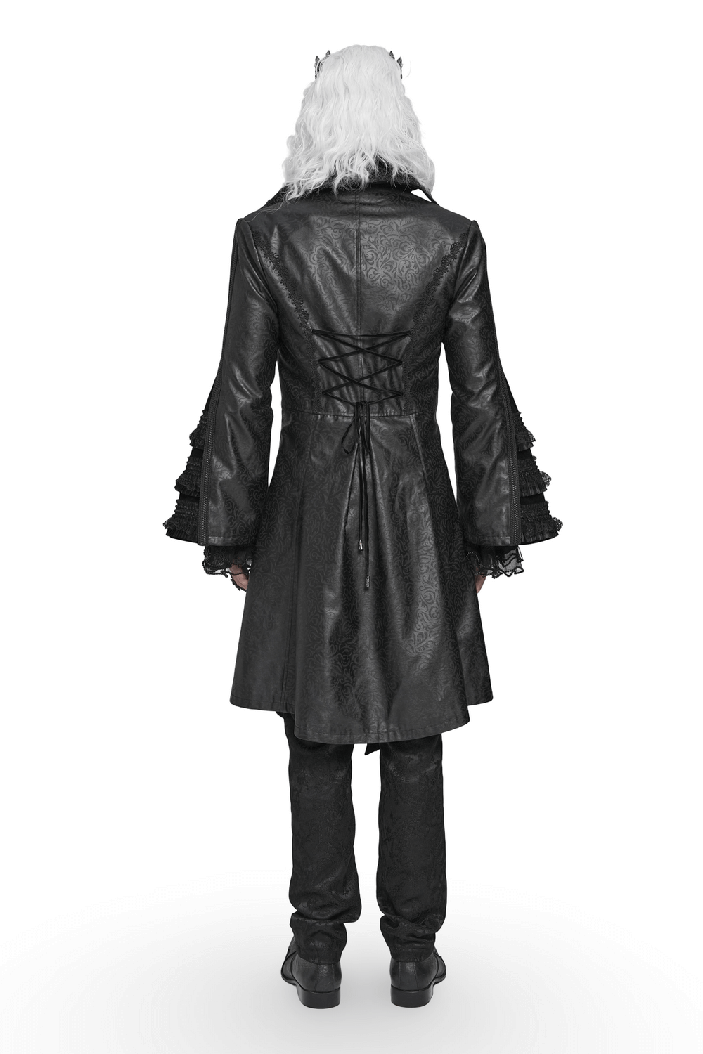 Gothic Lace-Up Long Coat with Velvet and Brocade Detail
