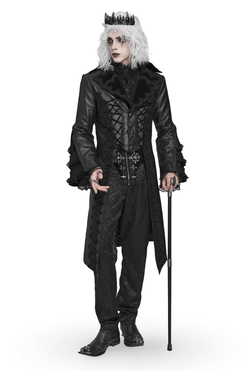 Manteau Queue de Pie Brocart Gothique Victorien avec Bordure en Velours Rouge Vin