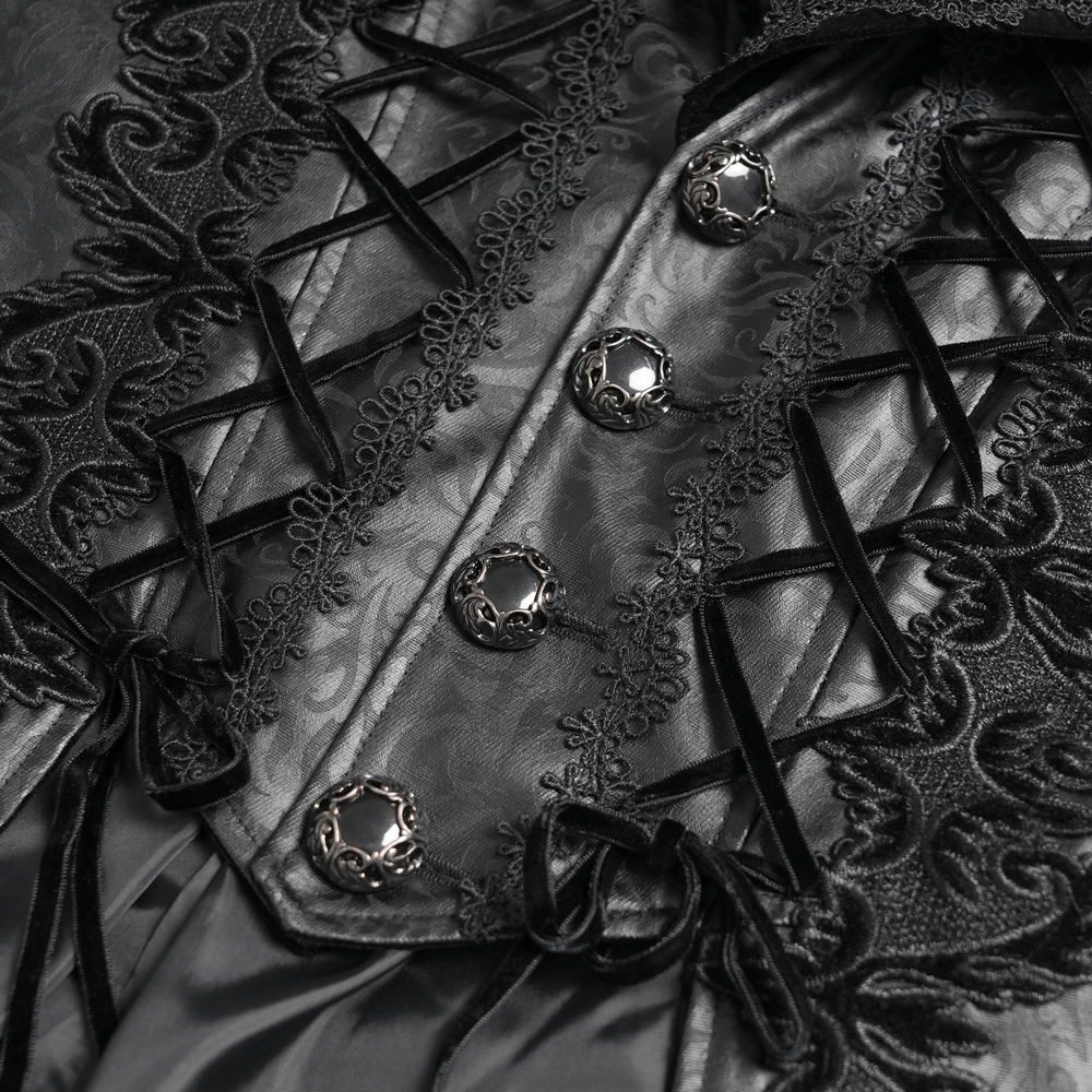 Manteau Queue de Pie Brocart Gothique Victorien avec Bordure en Velours Rouge Vin