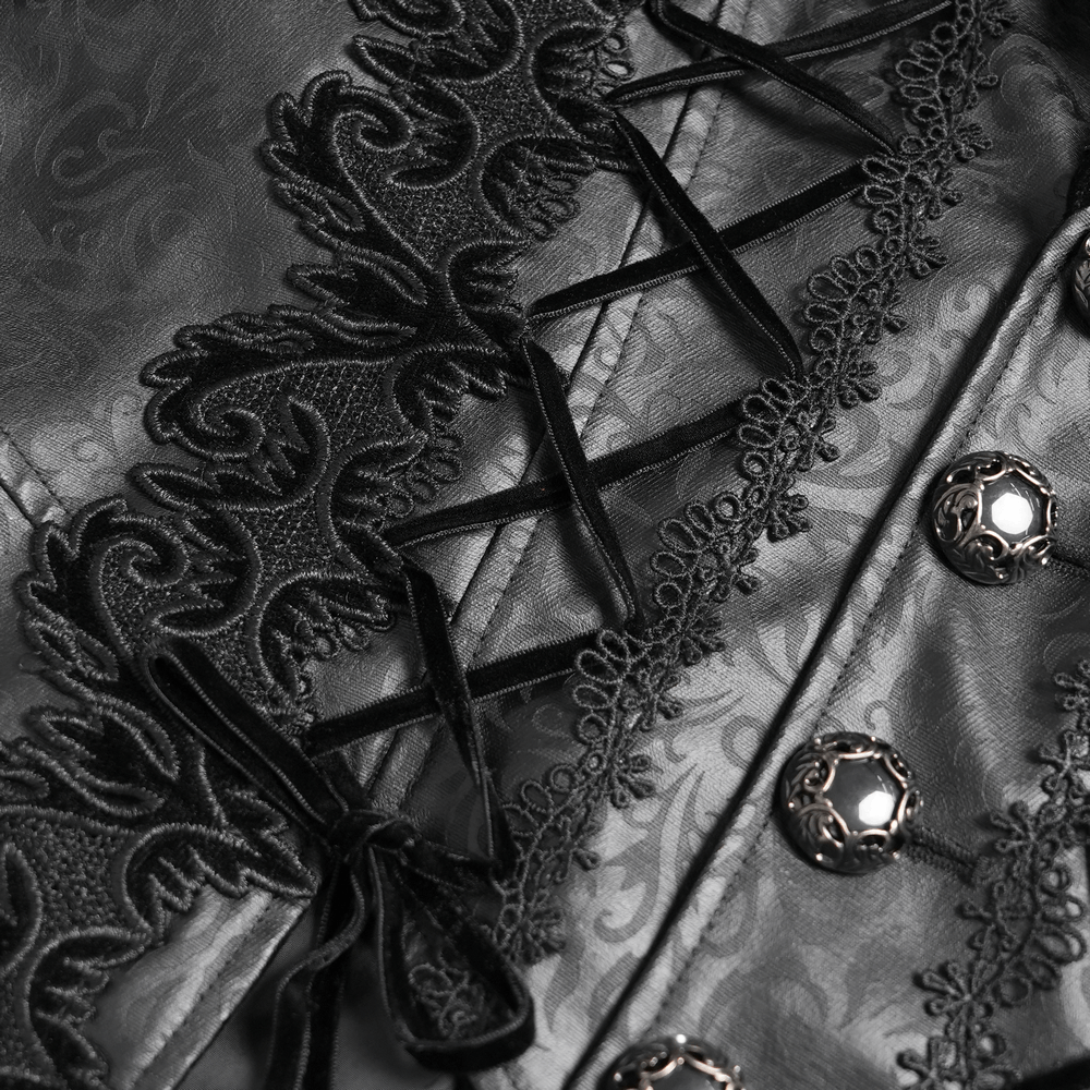 Manteau Queue de Pie Brocart Gothique Victorien avec Bordure en Velours Rouge Vin