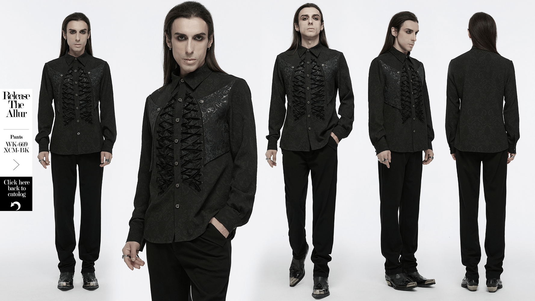 Gothic lace-up long sleeve shirt with brocade design for men, perfect for alternative fashion and dark aesthetic styles.