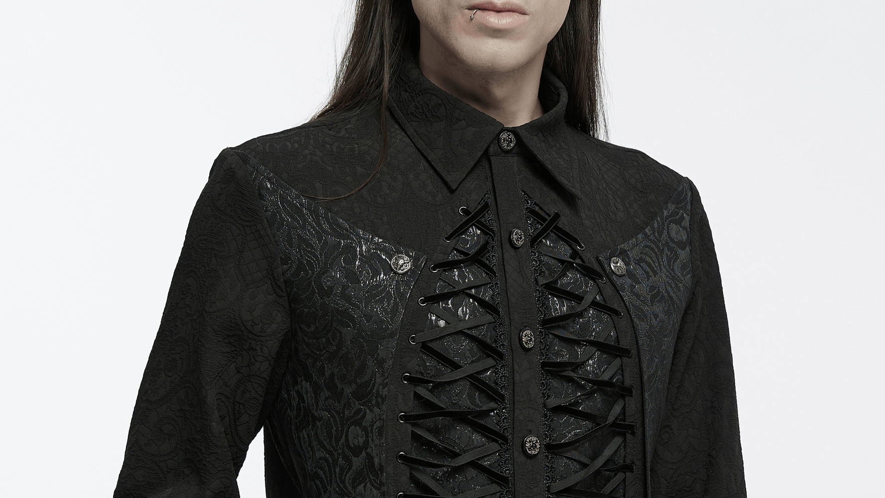 Gothic lace-up long sleeve shirt with brocade design for men, showcasing intricate detailing and dark Victorian style.