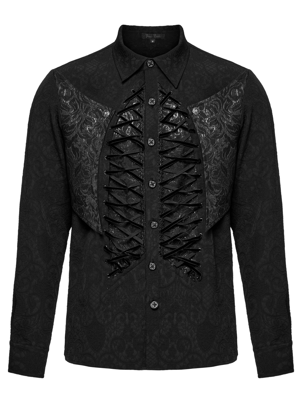 Gothic lace-up long sleeve shirt with brocade design for men, perfect for alternative and Victorian-inspired fashion.