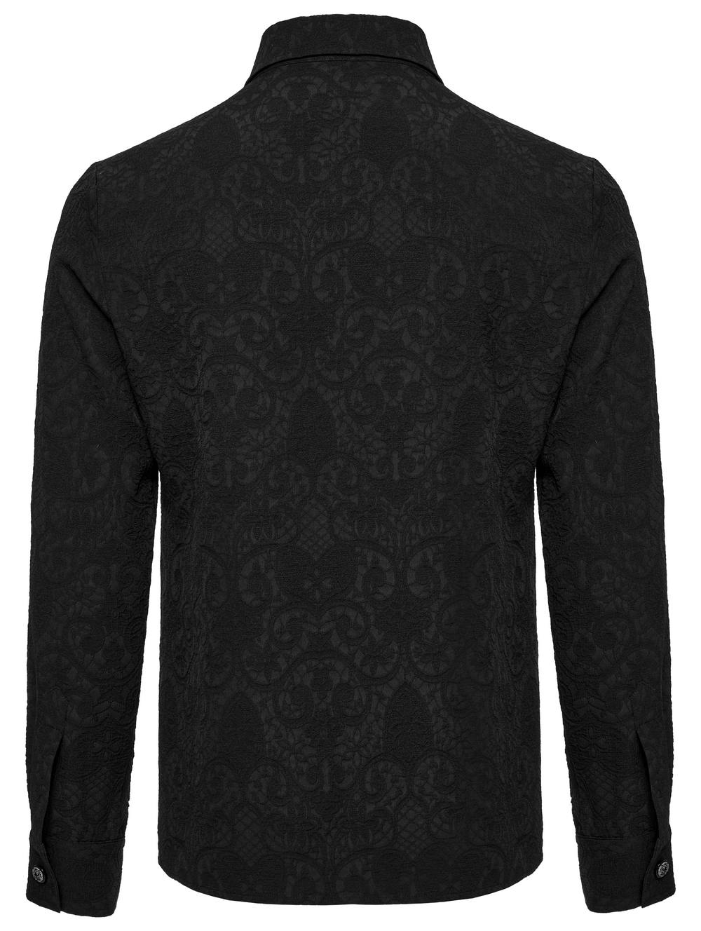 Back view of a Gothic lace-up long sleeve shirt with intricate brocade design in dark Victorian style.