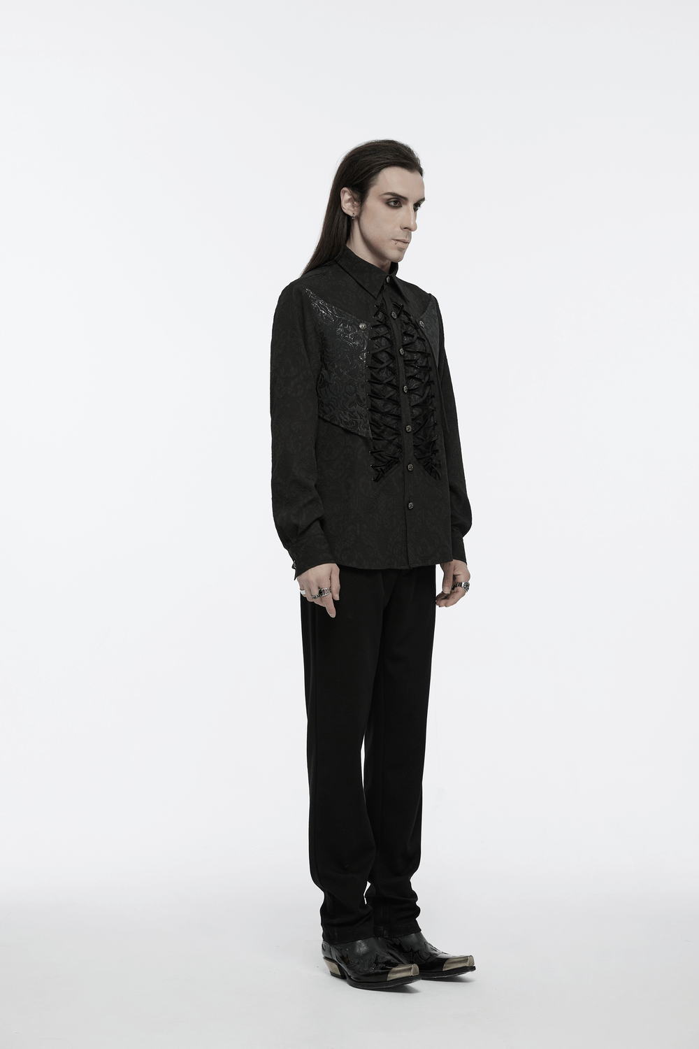 Gothic lace-up long sleeve shirt with brocade design, perfect for men’s alternative fashion and dark Victorian style.