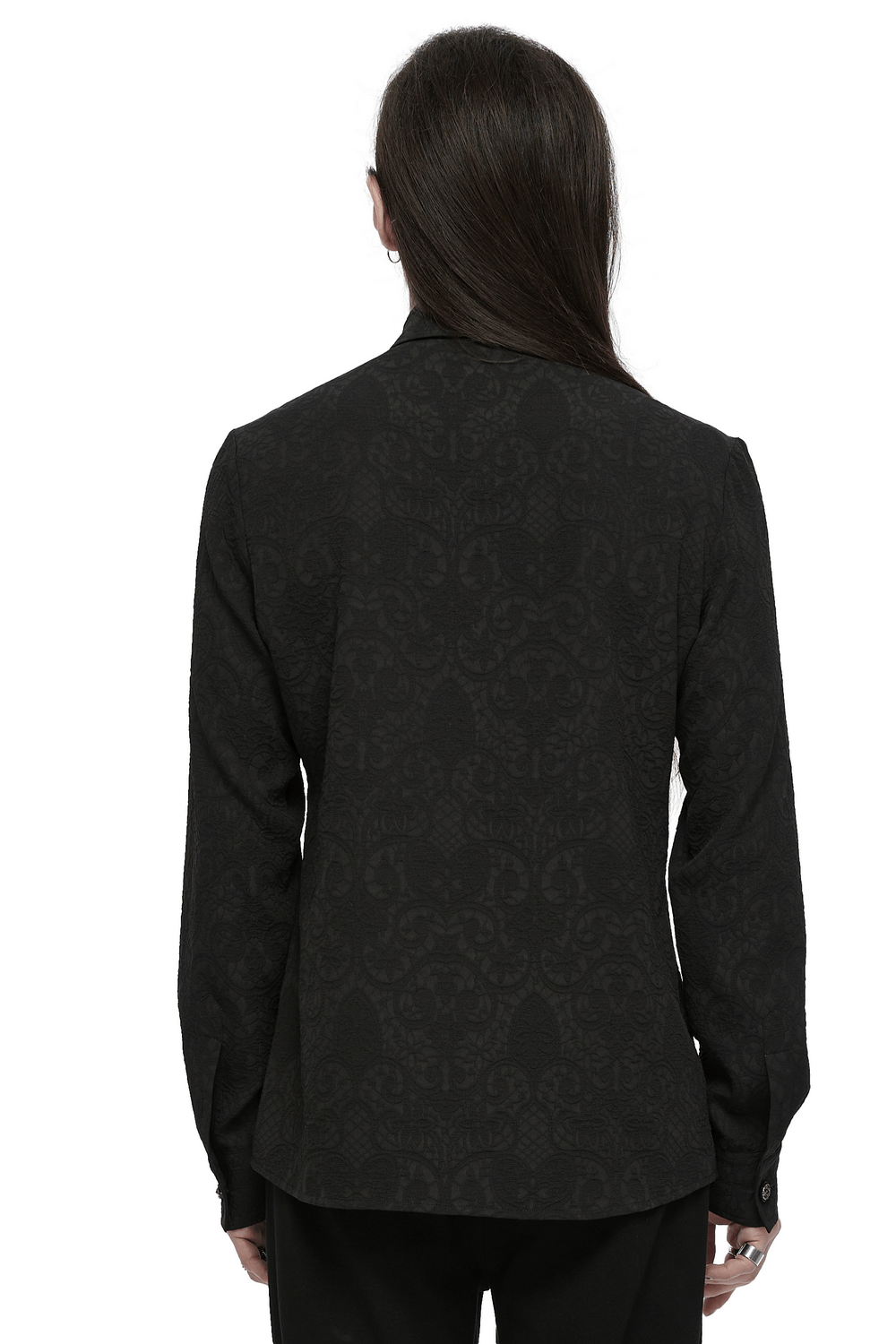 Back view of a Gothic lace-up long sleeve shirt with intricate brocade design for a dark Victorian look.