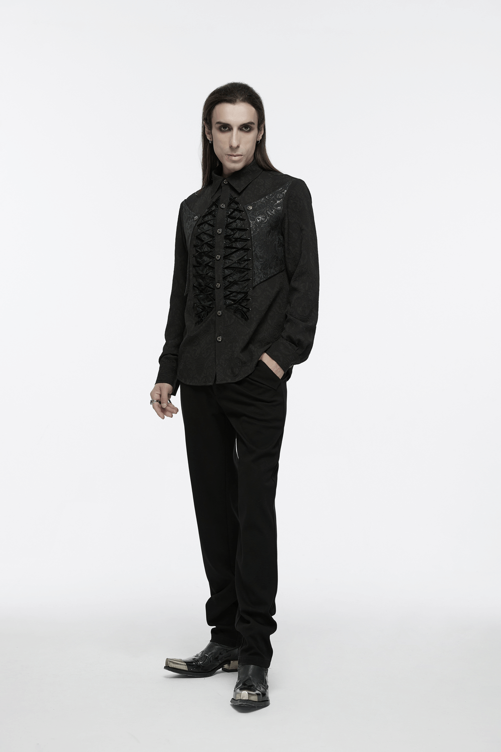 Gothic lace-up long sleeve shirt for men with brocade design, perfect for alternative fashion and steampunk events.