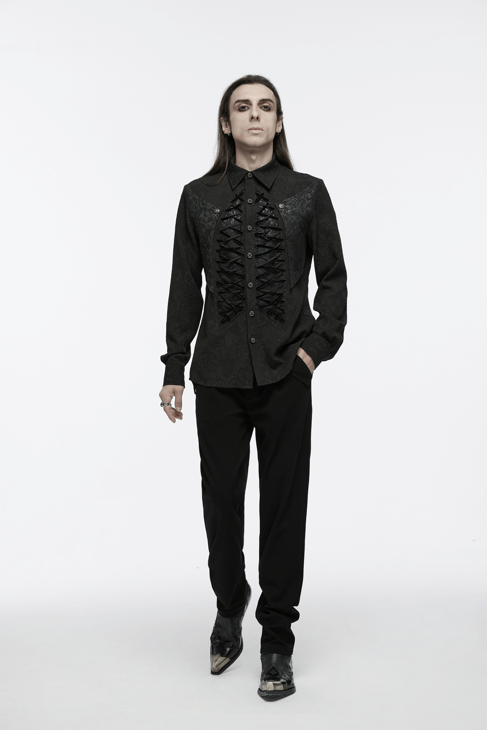 Dark Victorian-style lace-up long sleeve shirt for men with intricate brocade design, perfect for gothic fashion.