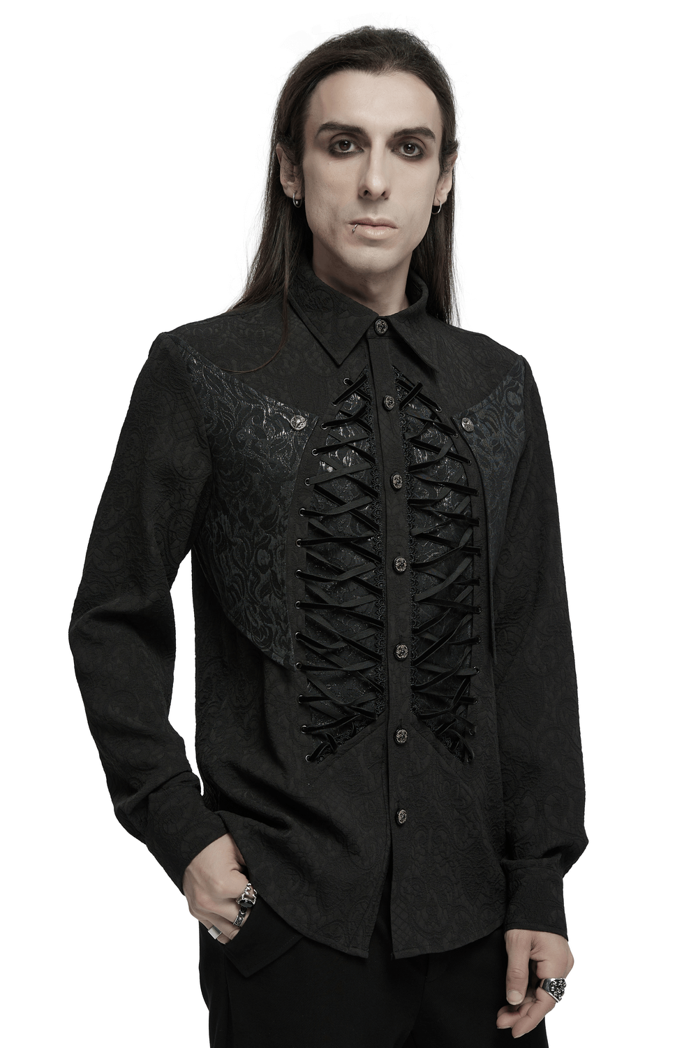 Dark Victorian lace-up long sleeve shirt for men with brocade design, perfect for gothic and steampunk fashion.