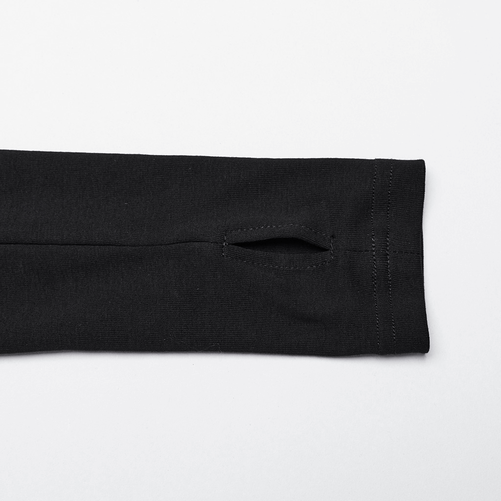 Close-up of the sleeve hem of a gothic lace-up long sleeve top featuring a unique cutout design.