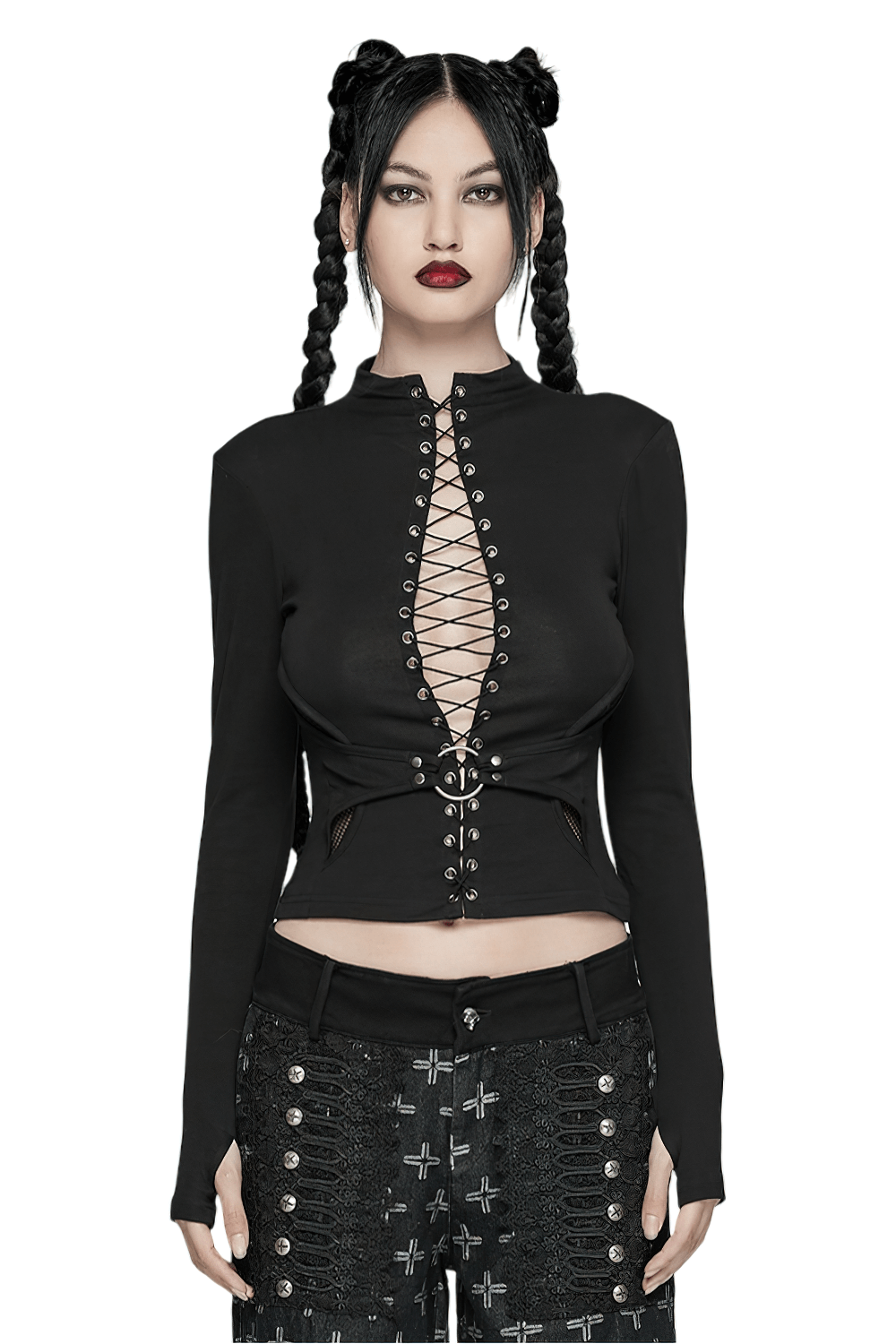 Gothic lace-up long sleeve top with structured waist and high neck, featuring an edgy punk-inspired design.