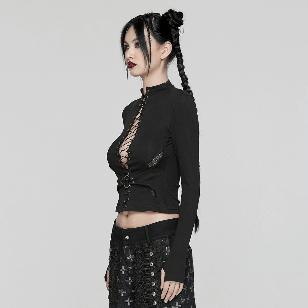 Gothic lace-up long sleeve top with structured waist and high-neck design, perfect for punk-inspired fashion lovers.