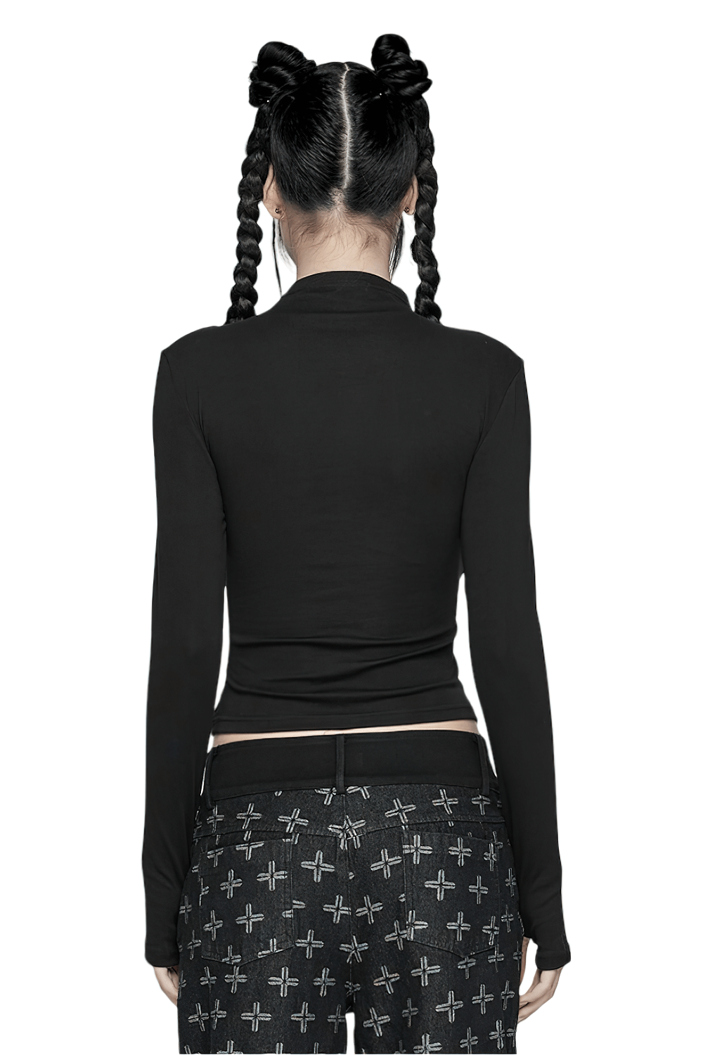 Back view of a model in a black Gothic lace-up long sleeve top paired with edgy cross-patterned pants.