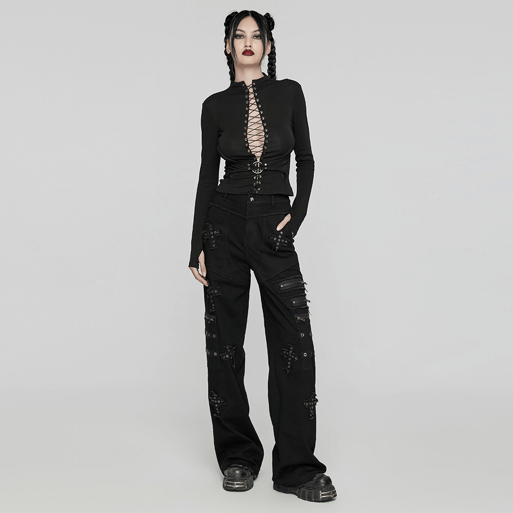 Gothic high-neck lace-up long sleeve top with structured waist and punk-inspired style.