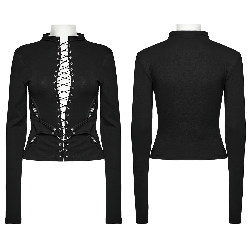 Gothic lace-up long sleeve top featuring high-neck and structured waist detail, perfect for edgy punk-inspired fashion.