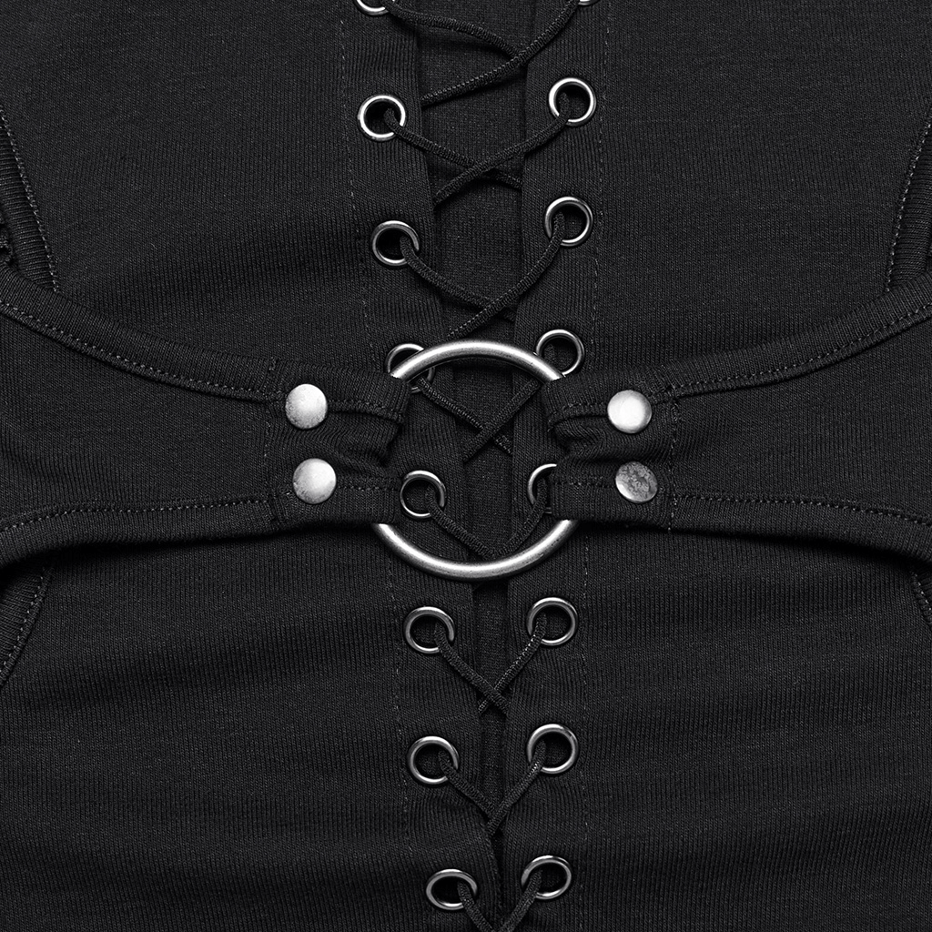Close-up of black gothic lace-up detailing and structured waist design on a punk-inspired long sleeve top.