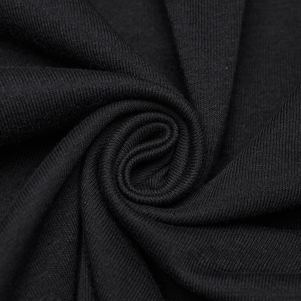 Close-up of black elastic knitted fabric, showcasing a smooth, stretchy texture for gothic clothing designs.