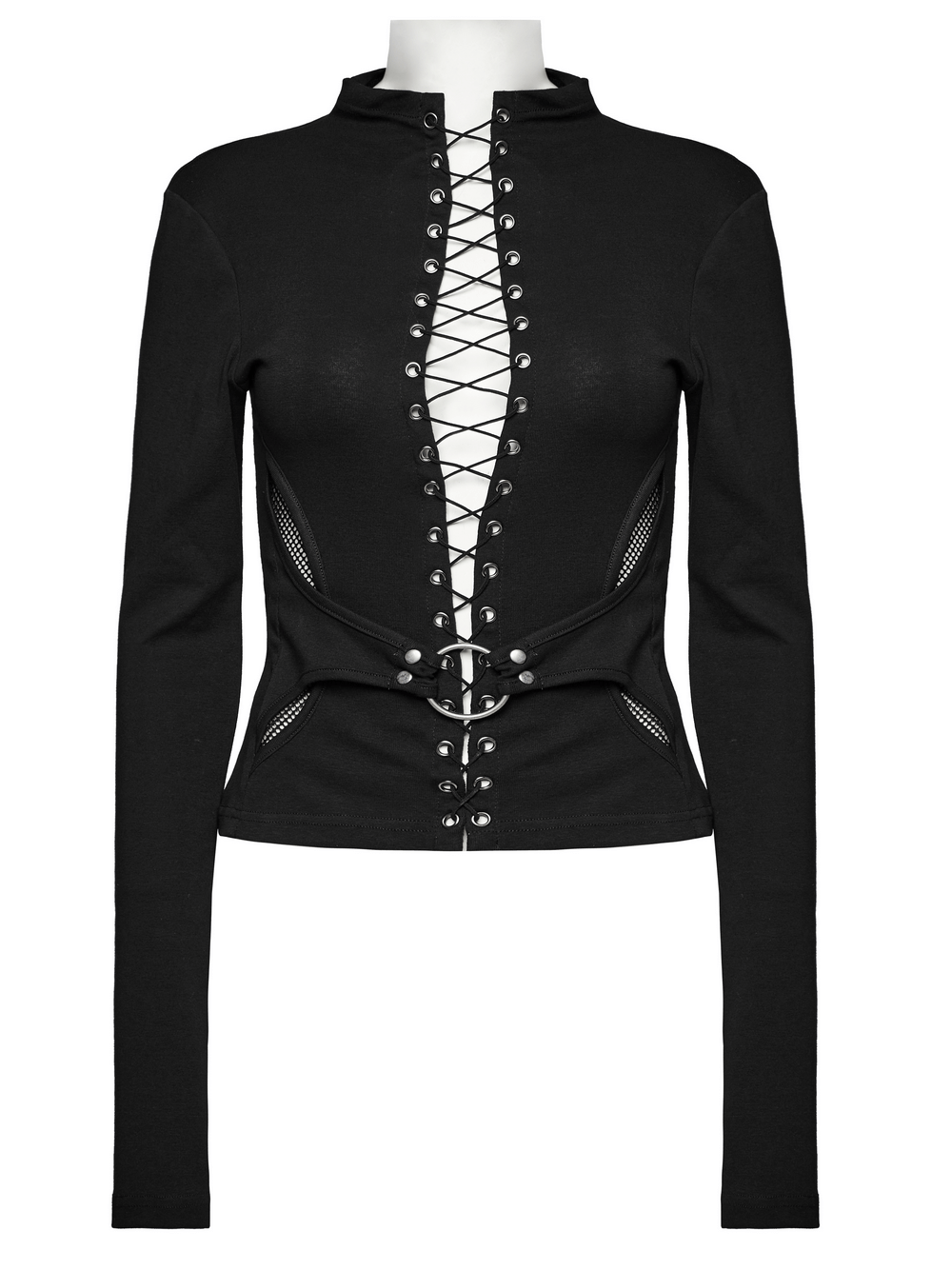 Gothic lace-up long sleeve top with structured waist detail in black, featuring a high-neck and edgy drawstring design.