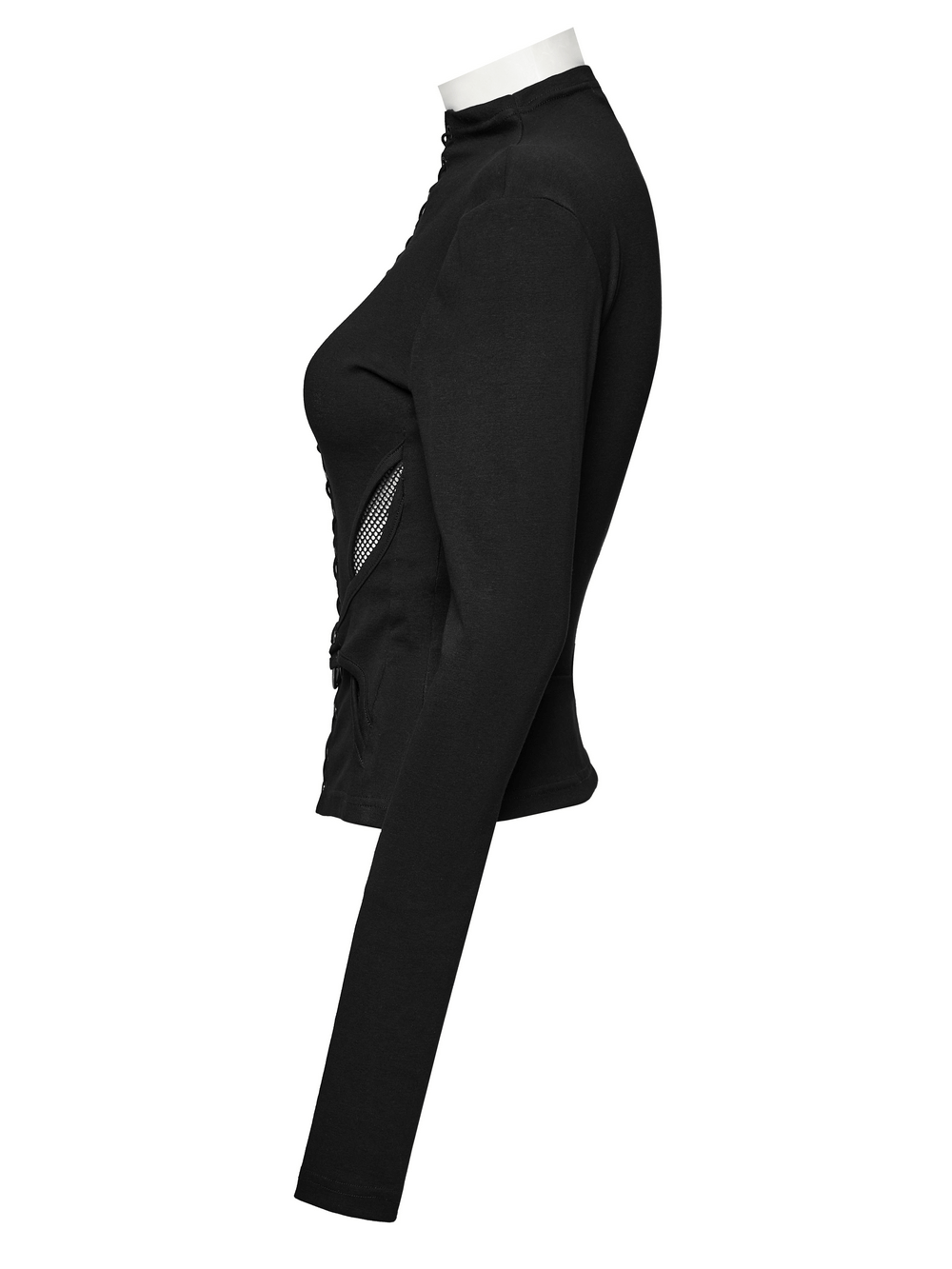 Gothic long sleeve black lace-up top with high-neck and structured waist detail, showcasing an edgy punk-inspired design.