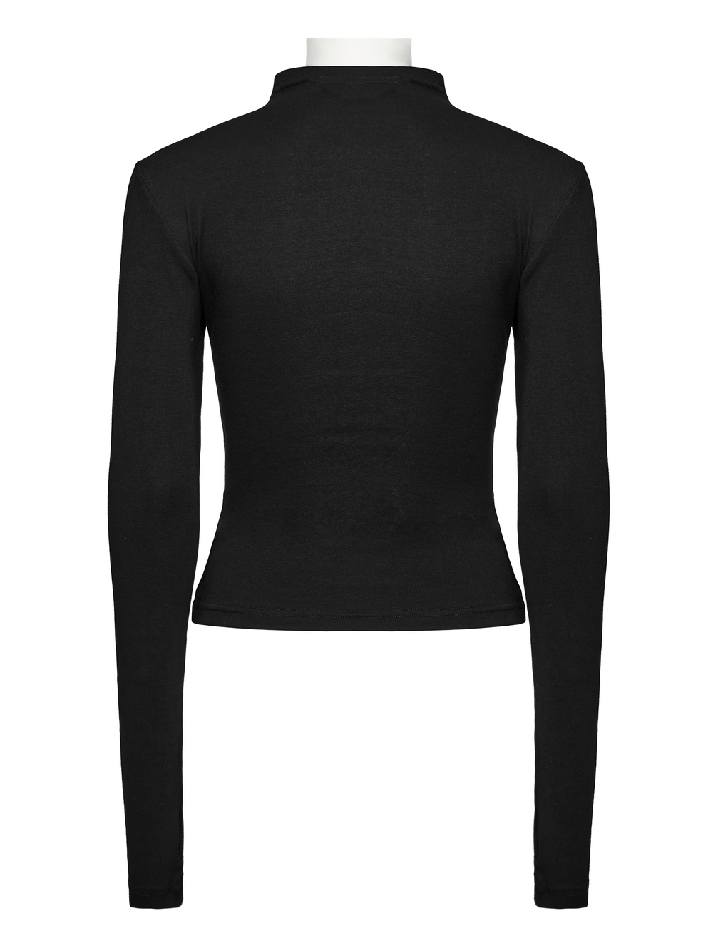 Back view of a Gothic lace-up long sleeve top in black, featuring a high-neck and structured waist for an edgy look.