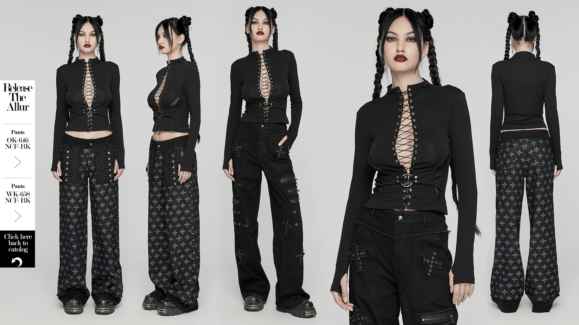 Gothic lace-up long sleeve top featuring structured waist detail, styled with edgy punk-inspired trousers.