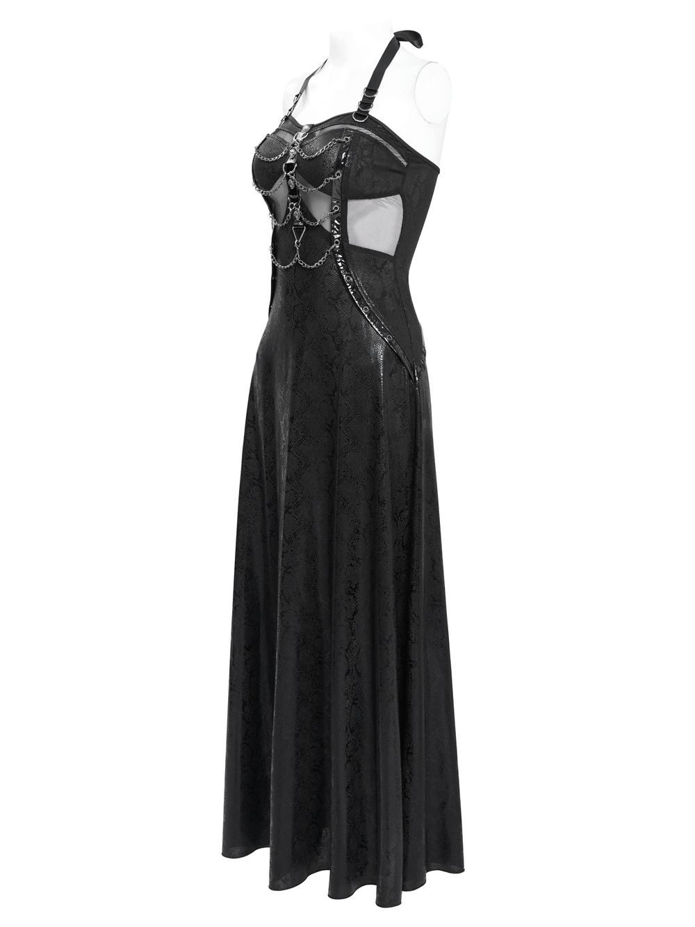 Gothic lace-up maxi dress featuring halter neckline, chain accents, and mesh cutouts for an edgy look.