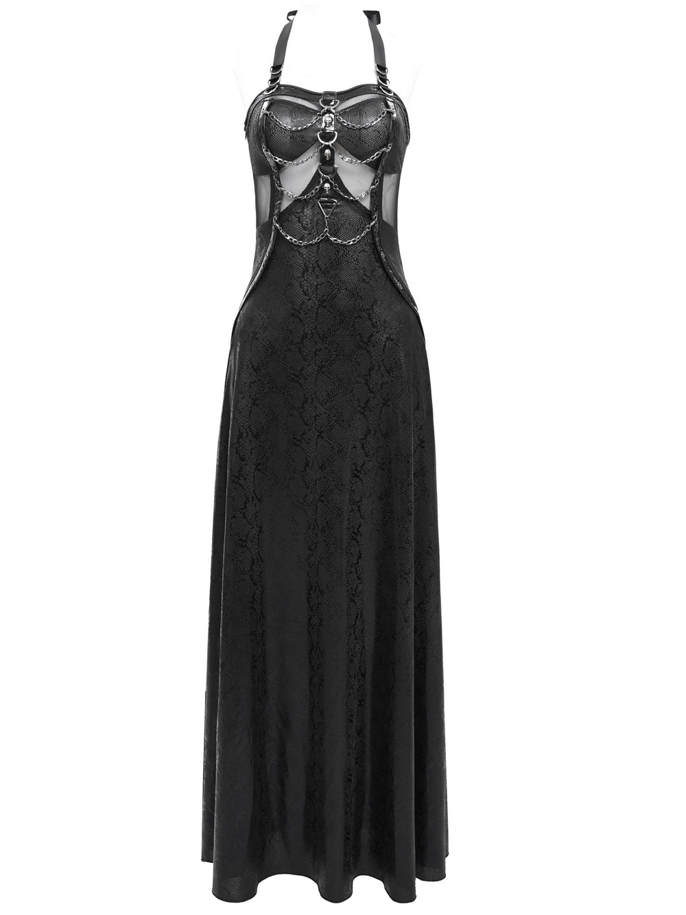 Gothic lace-up maxi dress with chain and corset details, featuring a dark aesthetic and mesh cutouts.