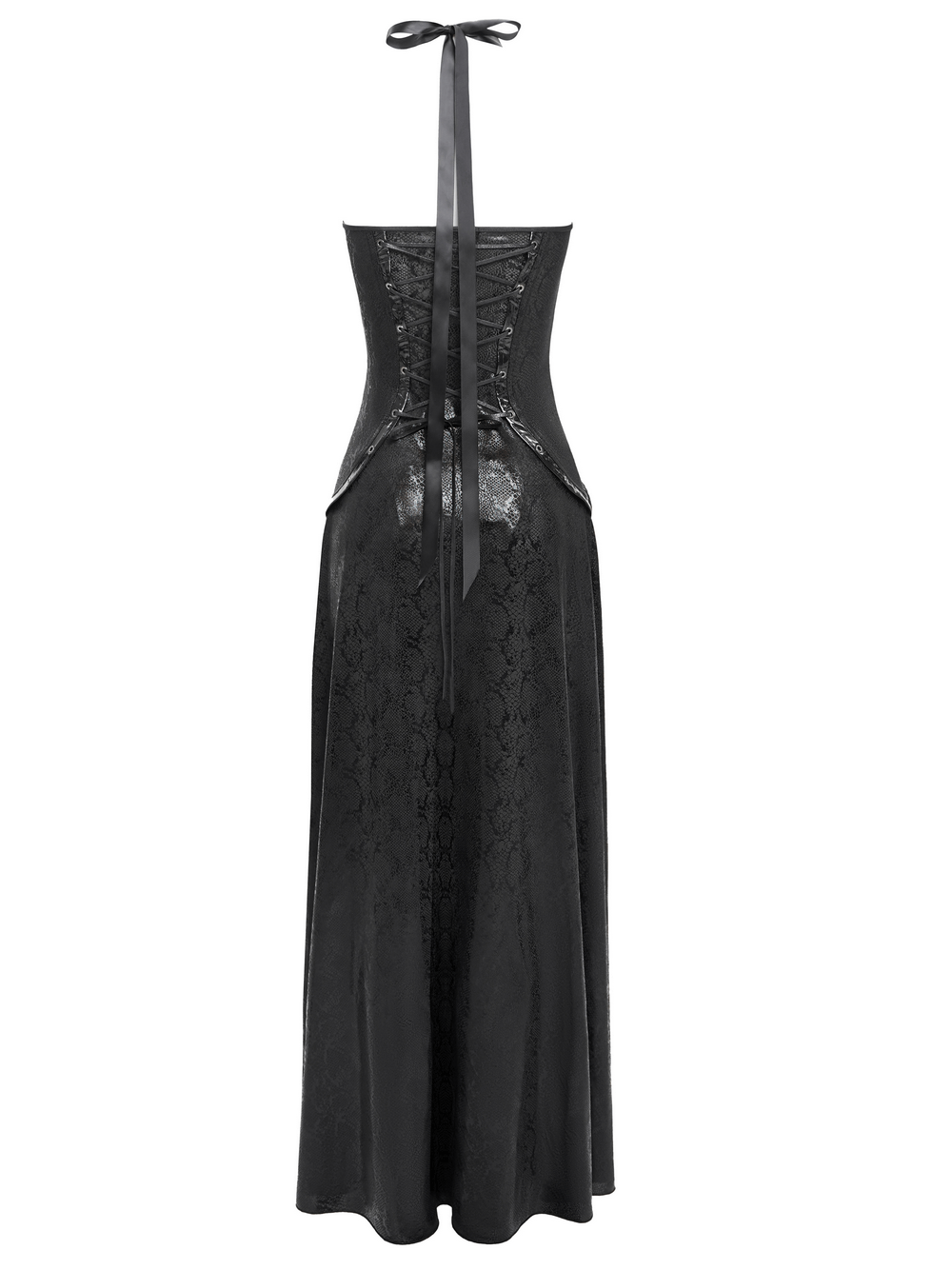Back view of a gothic lace-up maxi dress with metal chains and textured black fabric.