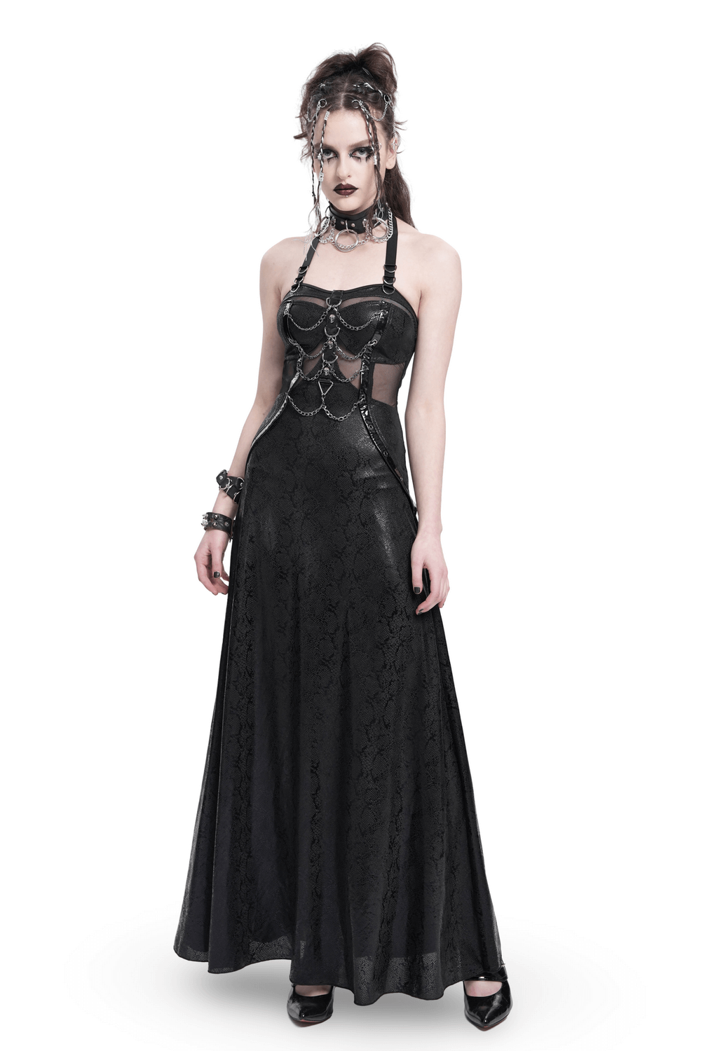Gothic lace-up maxi dress in black with chain and corset details, perfect for a dark aesthetic look.