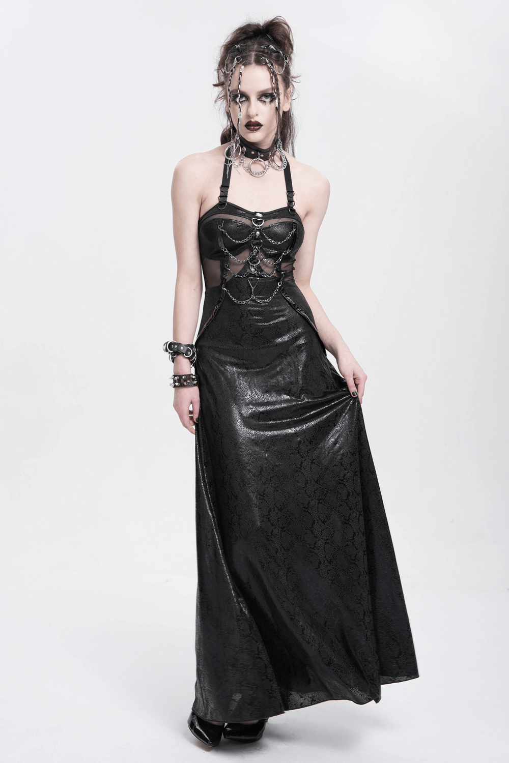 Gothic lace-up maxi dress with chain details and a corset back, perfect for dark aesthetic fashion.