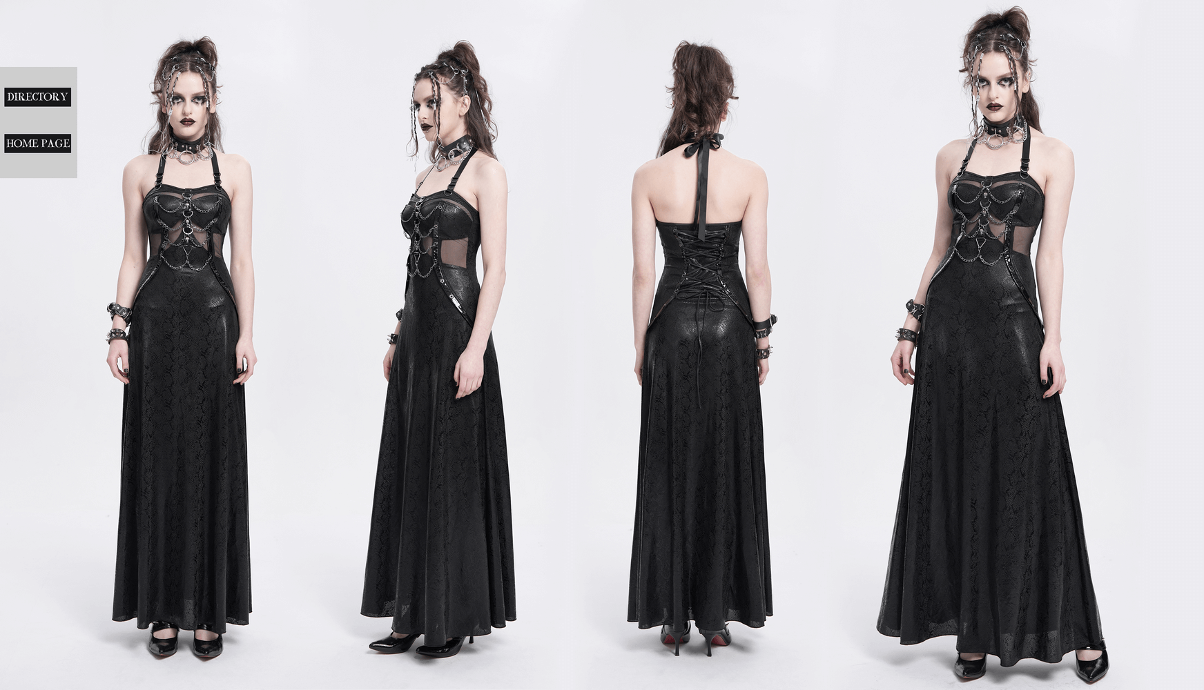 Gothic lace-up maxi dress with chains, cutouts, and flowing skirt for a dark aesthetic look.