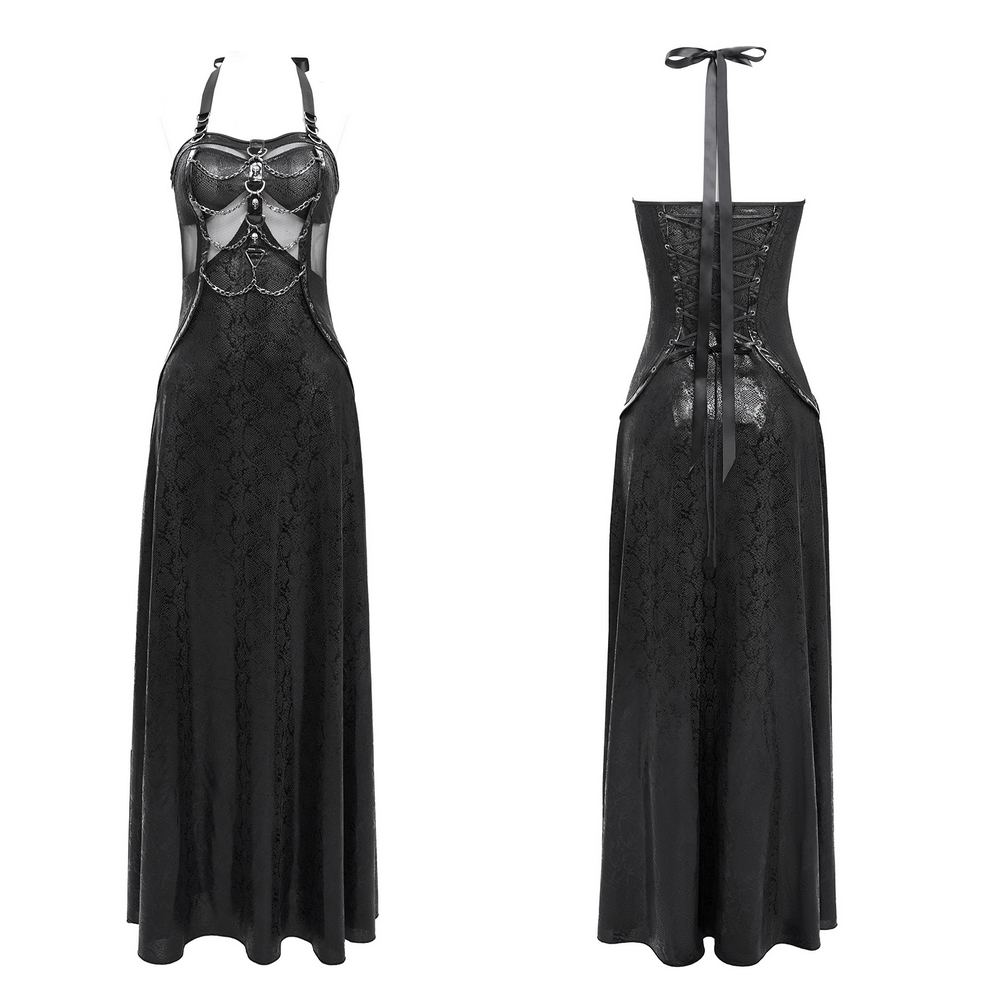 Gothic lace-up maxi dress with halter neckline and chain details, featuring a flowing skirt and lace-up back.