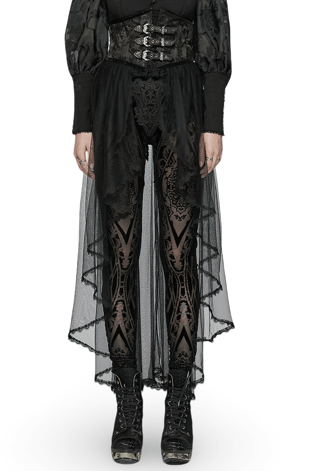 Gothic lace-up mesh corset with detachable skirt, showcasing black lace tights for a striking Victorian aesthetic.