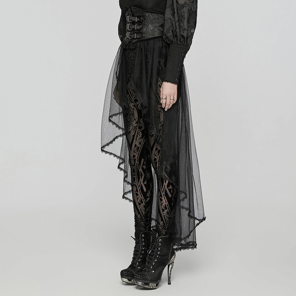Gothic lace-up corset and detachable skirt set in black mesh, featuring delicate details and stylish high-heeled boots.