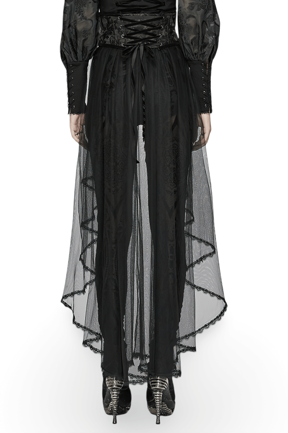 Back view of a Gothic lace-up corset with flowing black mesh skirt, showcasing edgy Victorian fashion.