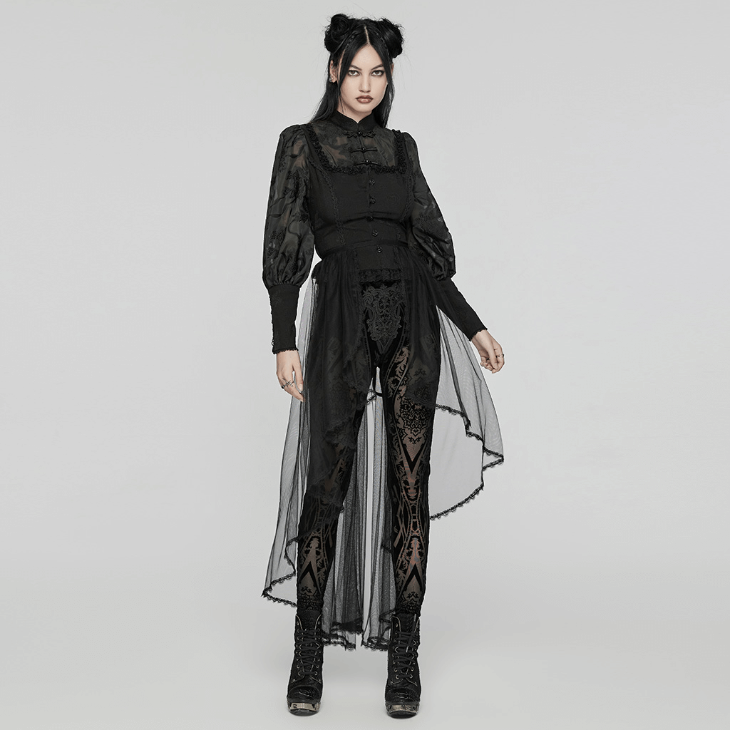 Gothic lace-up black mesh corset and detachable skirt set for women with enchanting design.